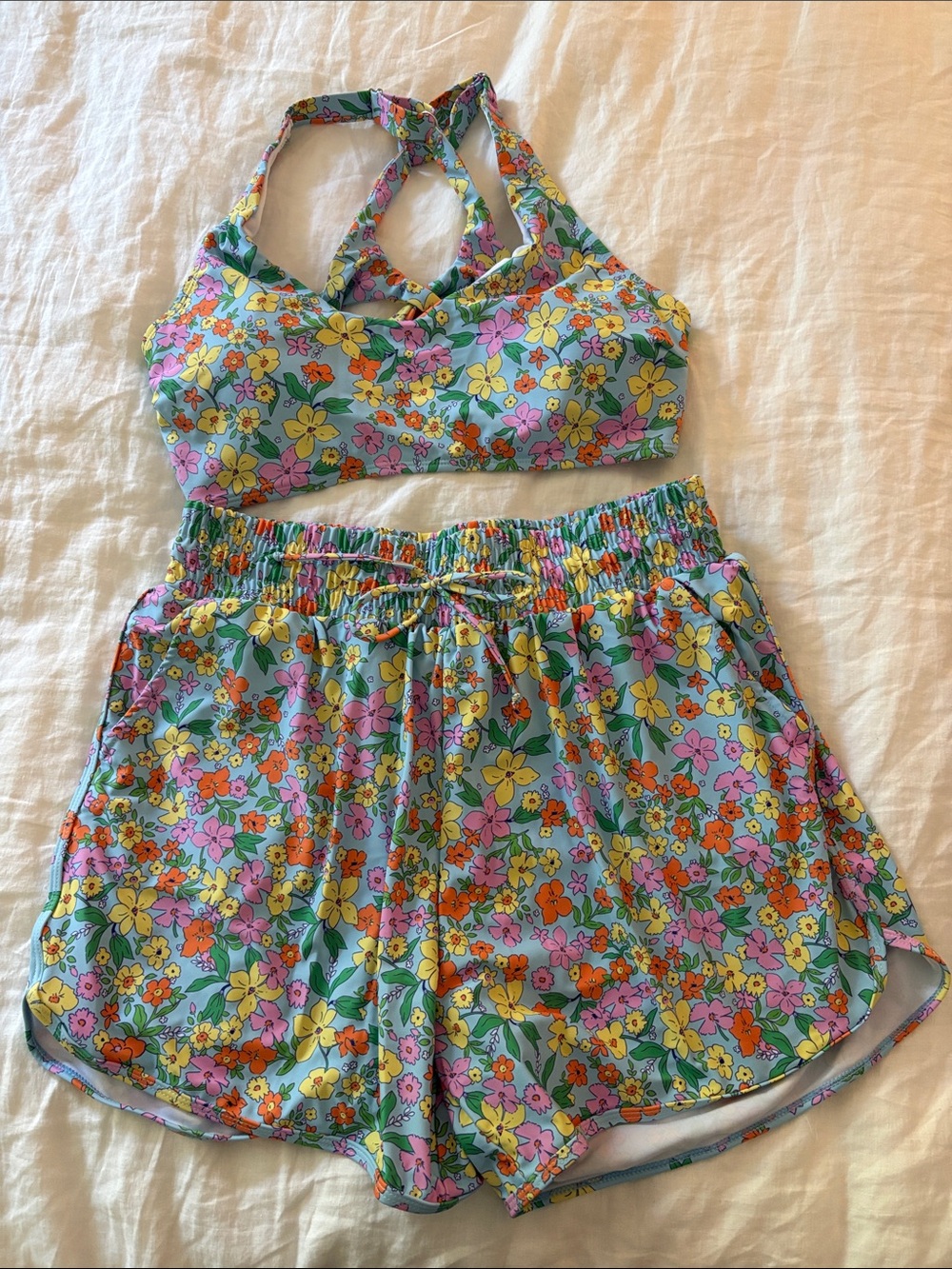 Floral Halter Bralette & Shorts bathing suit Set - Multicolor